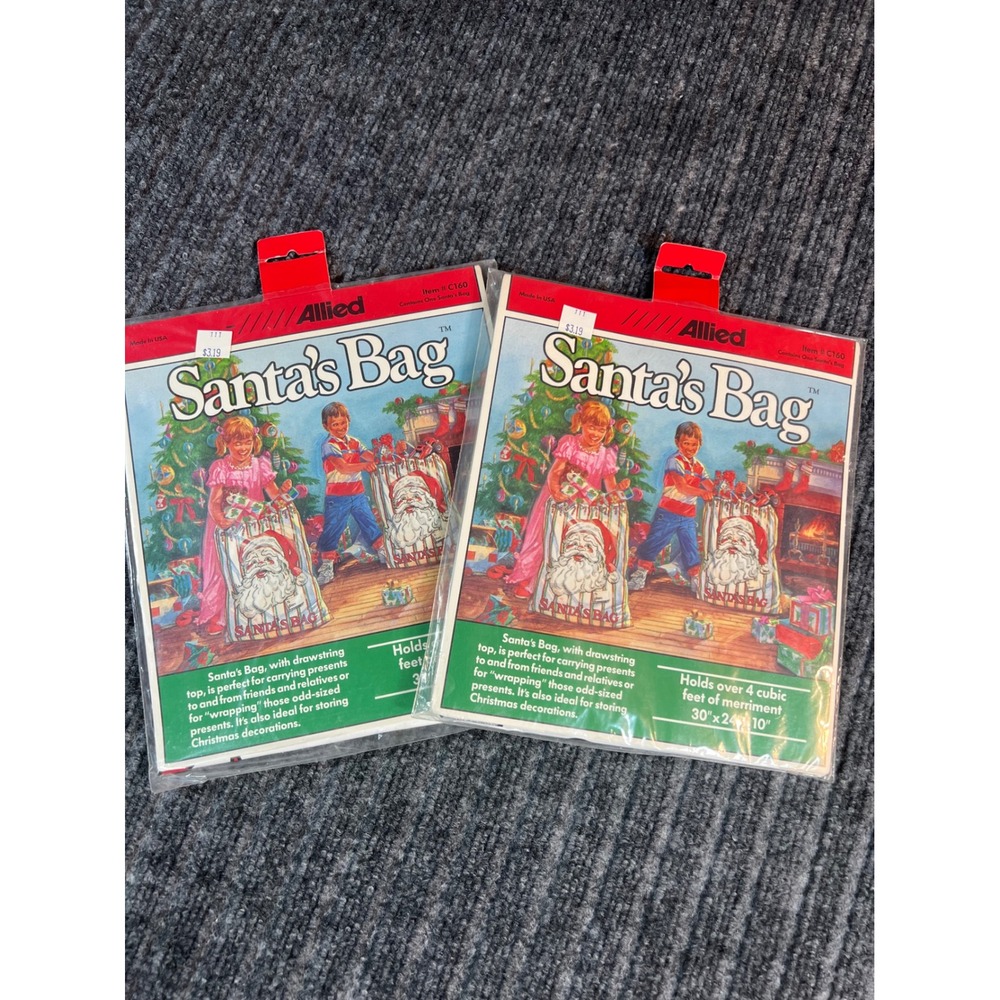 ALLIED 2 Santa's Bag Christmas Plastic Gift Sacks C160 30x24x10 Drawstring 1990
